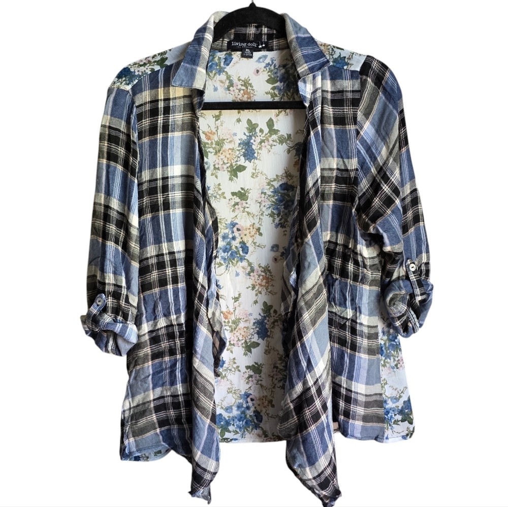 Living Doll Los Angeles Open Front Floral Blue Plaid Cardigan Size XL